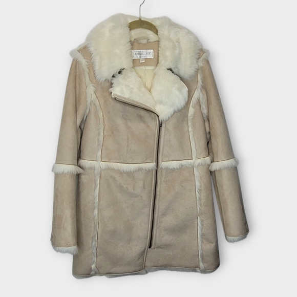 Donna Salyers Fabulous Furs Faux SuedeFur Trimmed Coat S Stone Beige